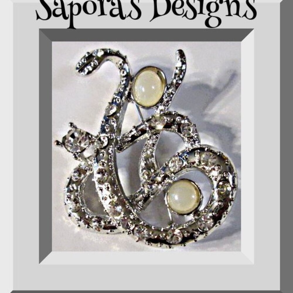 Silver Tone Snake Design Brooch With Clear Crystals & White Beads Biker Gothic